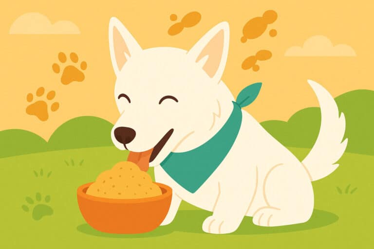 Illustration eines glücklichen weißen Hundes mit spitzen Ohren und grüner Bandana, umgeben von Pfotenabdrücken und Wiese.