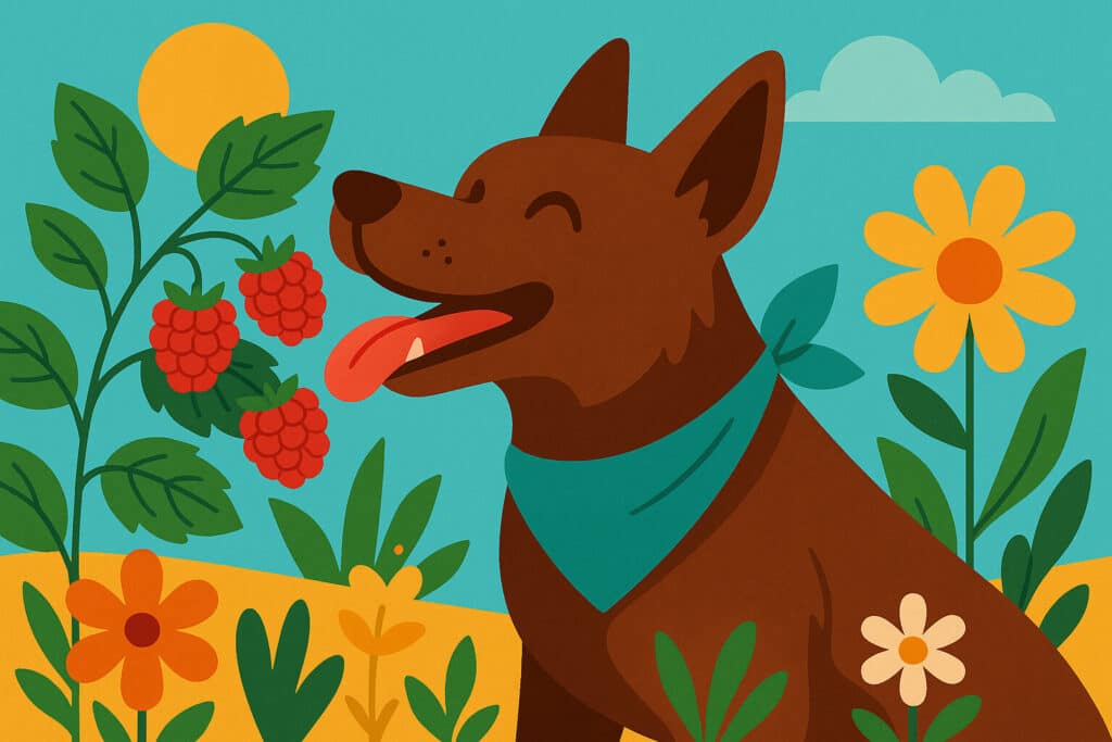 Ein glücklicher Hund mit spitzen Ohren und einem türkisfarbenen Halstuch frisst Himbeeren im sonnigen Garten.