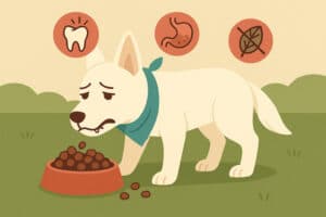 Ein unglücklicher Hund frisst Trockenfutter auf einer grünen Wiese, umgeben von Symbolen für Zahn- und Gesundheitsprobleme.
