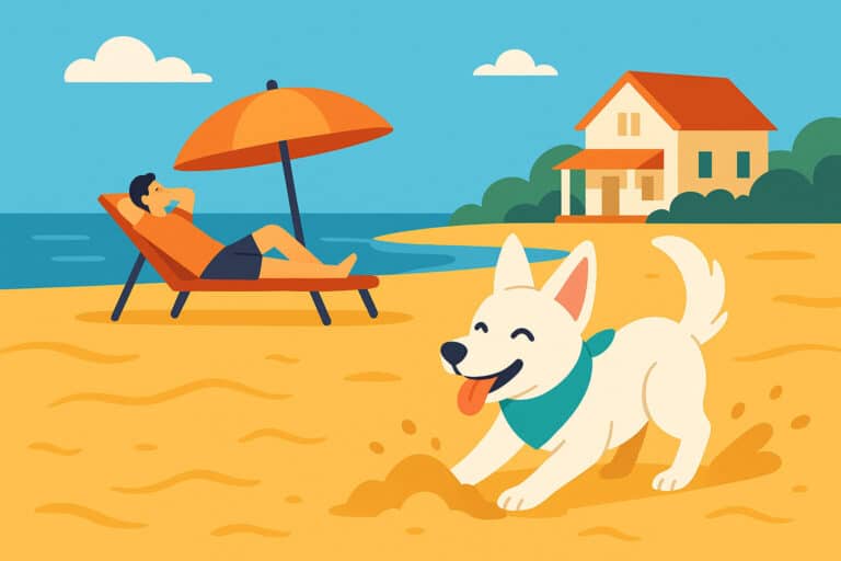Ein fröhlicher Hund mit spitzen Ohren und türkisfarbenem Halstuch spielt am Strand.